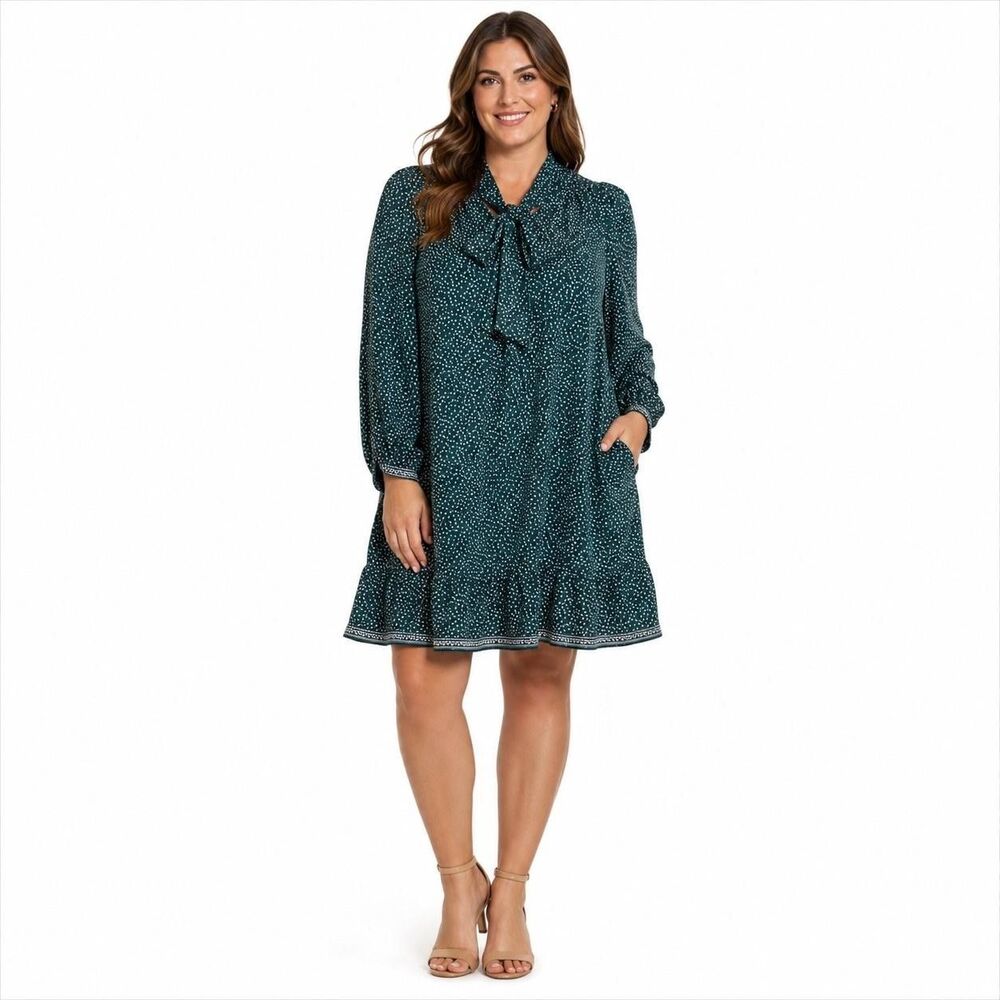 Max Studio Dress Womens Large Green Polka Dot Long Sleeve Bow Neck Ruffle